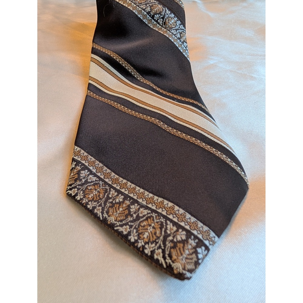 Don Loper Beverly Hills Vintage Brown Floral Striped Polyester Retro Necktie